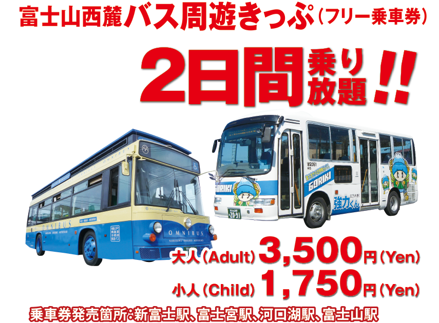 富士山西麓バス周遊きっぷ（フリー乗車券）2日間乗り放題！